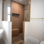 new shower with wooden details