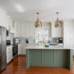 remodeled kitchen with green island