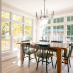 new dining room with a dining set, chandelier, and large windows
