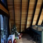wall cladding and exposed rafters in remodeled cabin