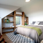 bedroom with wood shelves