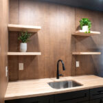 bathroom with wooden countertops