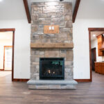 stone fireplace in living room