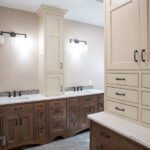 new bathroom with walk in shower and built in storage