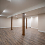 basement with faux beams